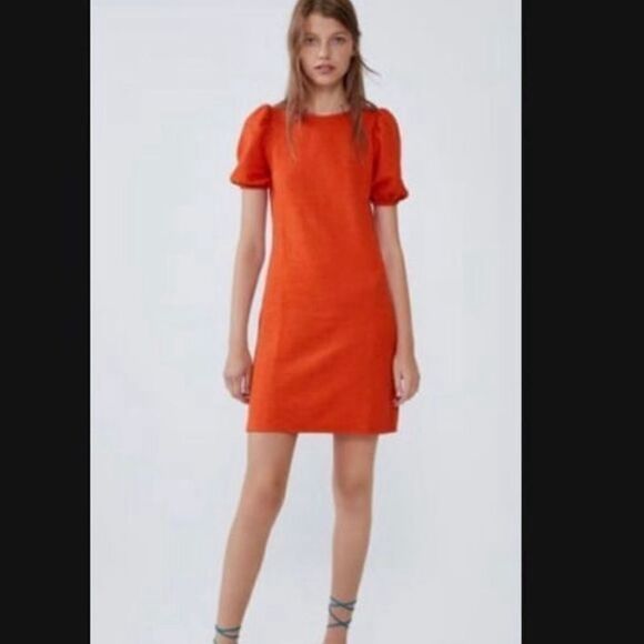 Zara Tangerine Orange Nubby Texture Shift Dress Pouf Short Sleeve M - Picture 1 of 8